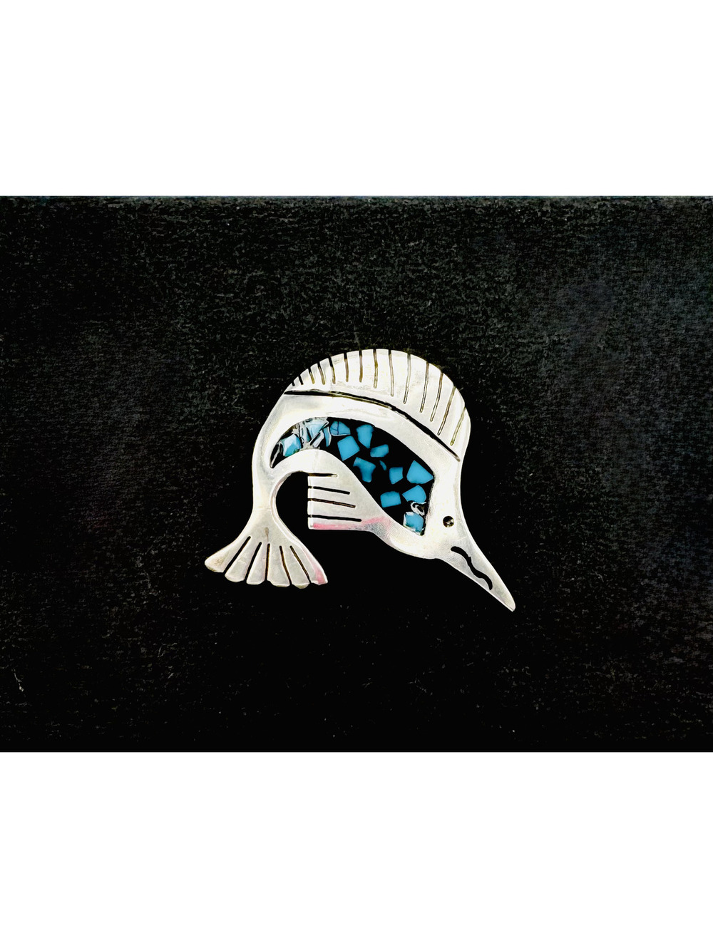 Sterling silver turquoise and blue lapis inlay sailfish brooch